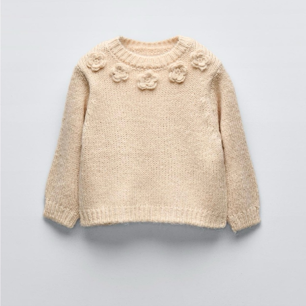 Zara Cream Knit Sweater with Floral Details